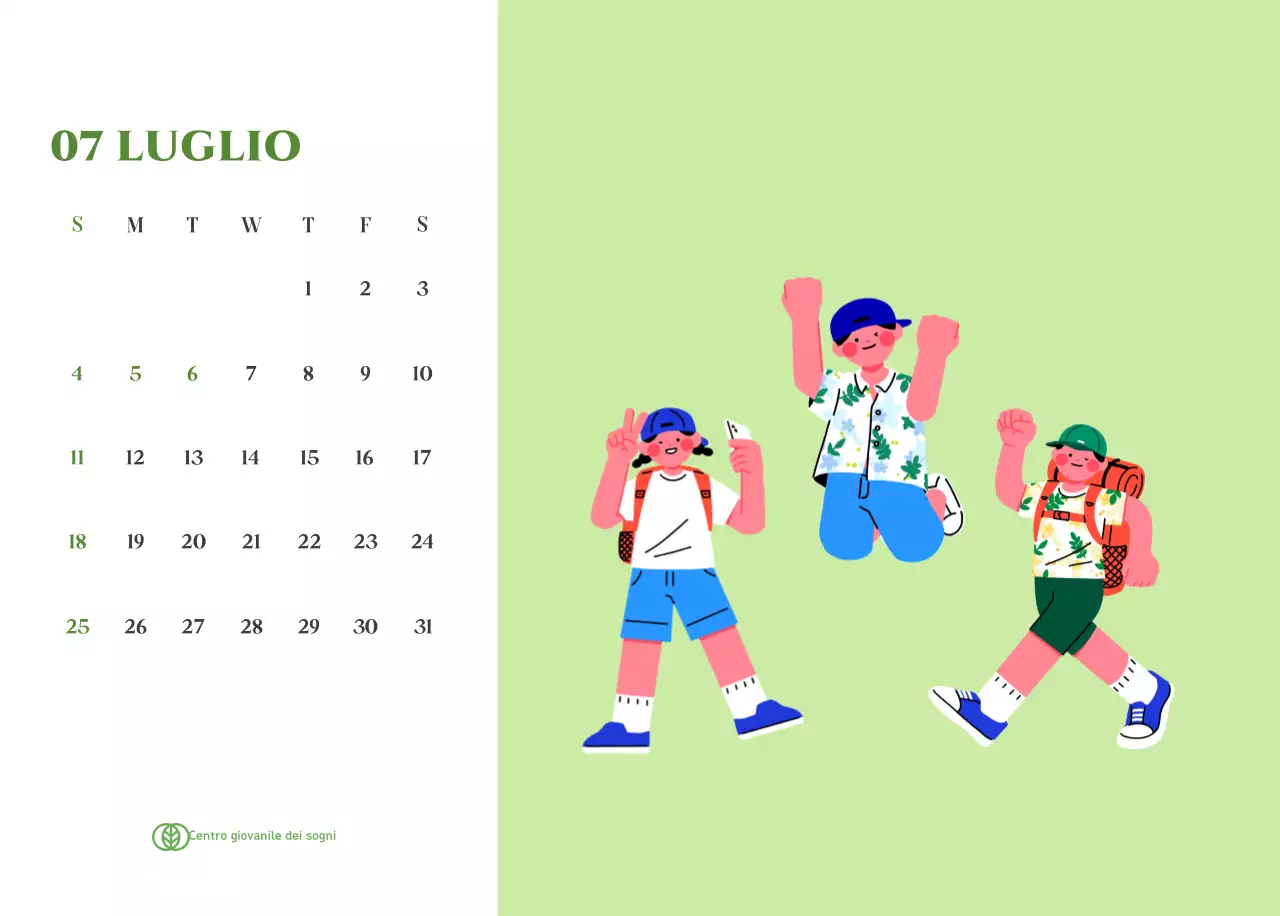 Calendario con illustrazioni giovanili su sfondo giallo-verde