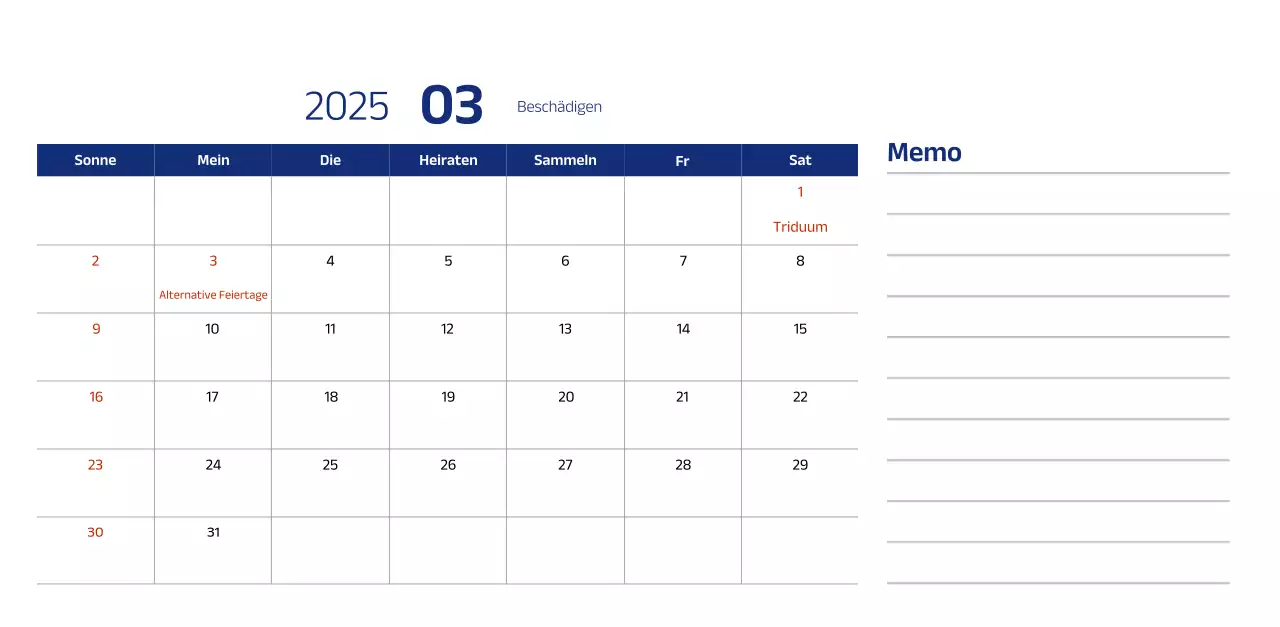 Einfacher Kalender mit blauen, klaren Illustrationen