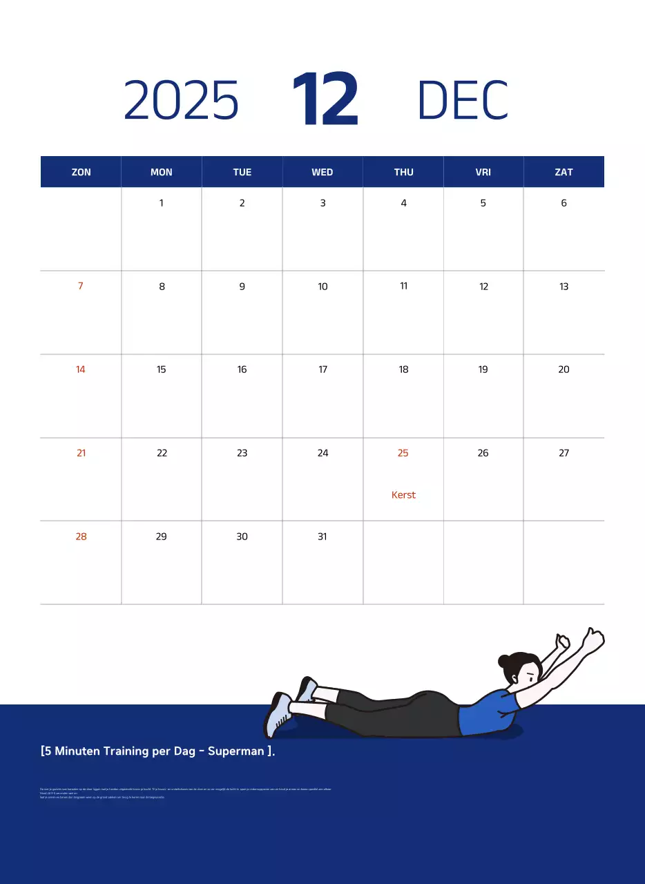 Eenvoudige kalender met blauwe, strakke illustraties