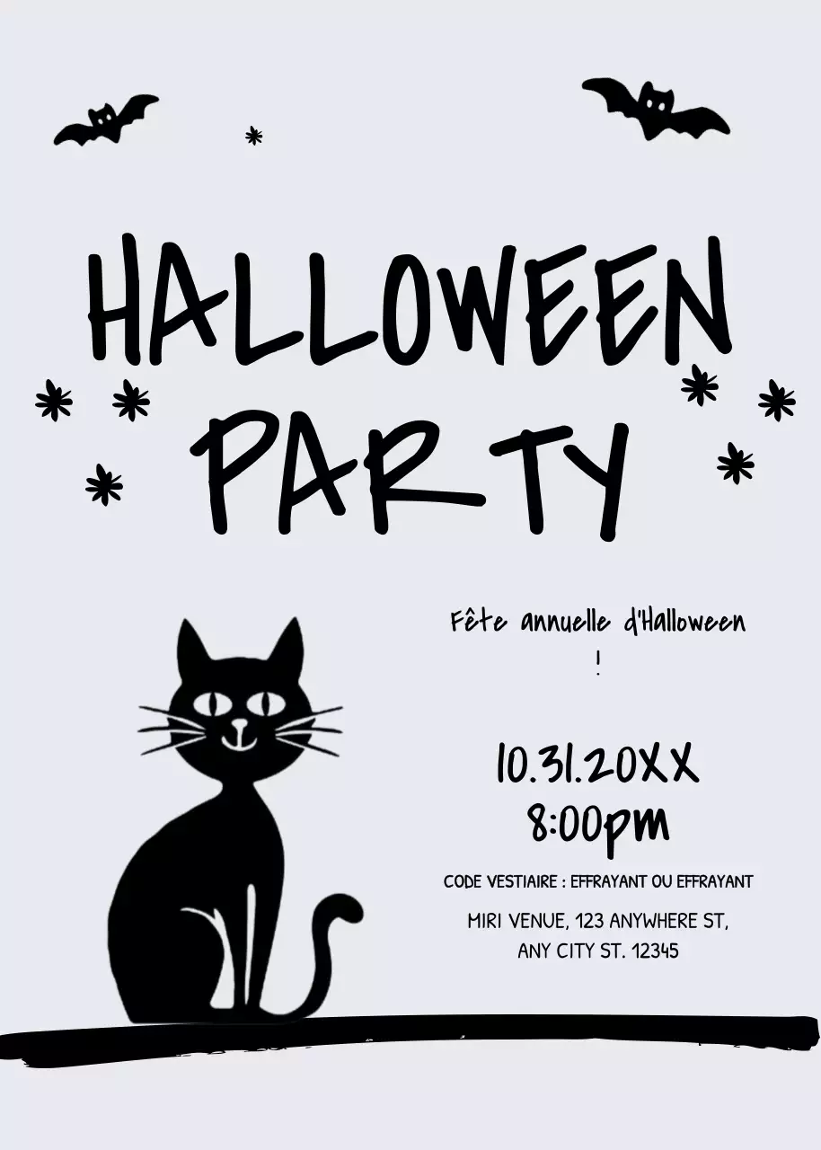Invitation à une fête d'Halloween en noir et gris, style minimal