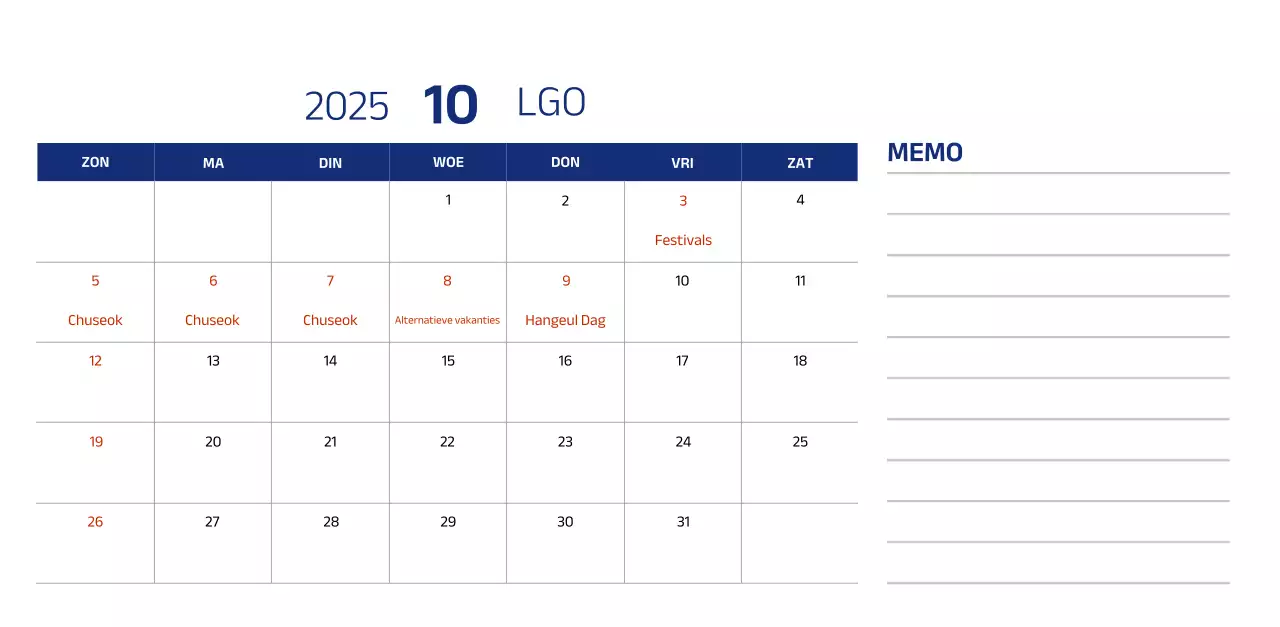 Eenvoudige kalender met blauwe, strakke illustraties