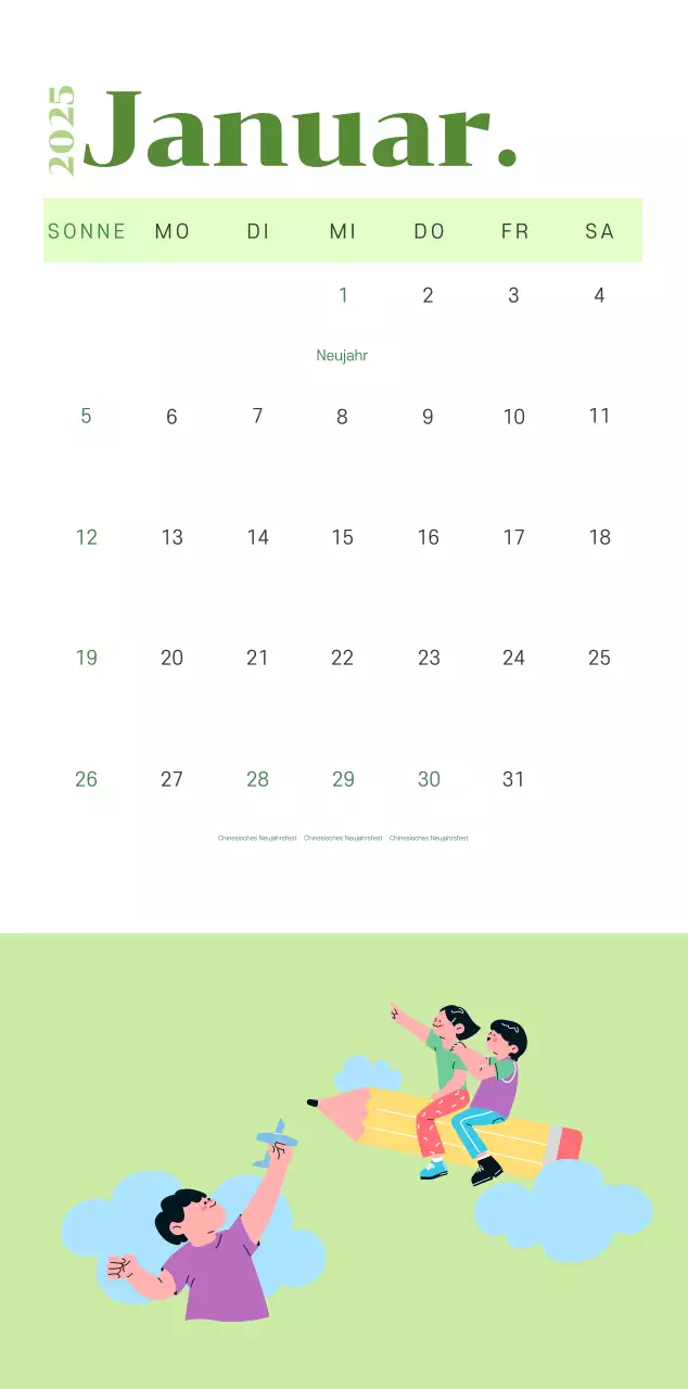 Kalender mit Jugendillustrationen auf gelb-grünem Hintergrund