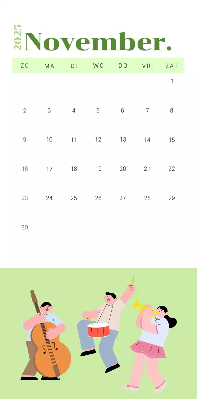 Kalender met jeugdillustraties op een geelgroene achtergrond