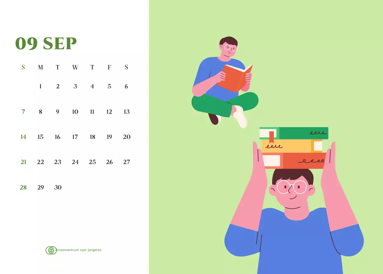 Kalender met jeugdillustraties op een geelgroene achtergrond