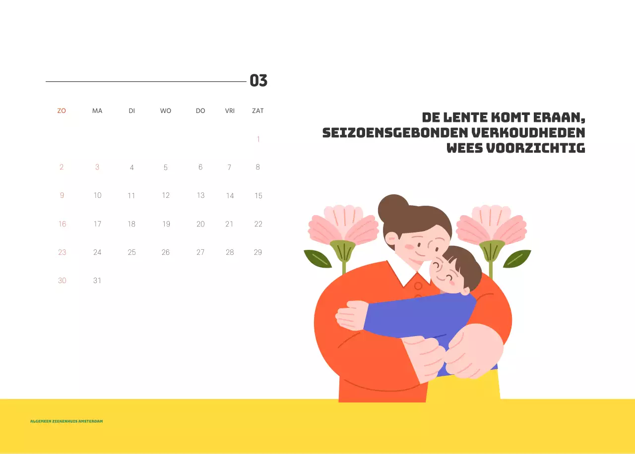 Een feestelijk ziekenhuis met illustraties met gezondheids- en gezinsthema's en kleurrijke accenten