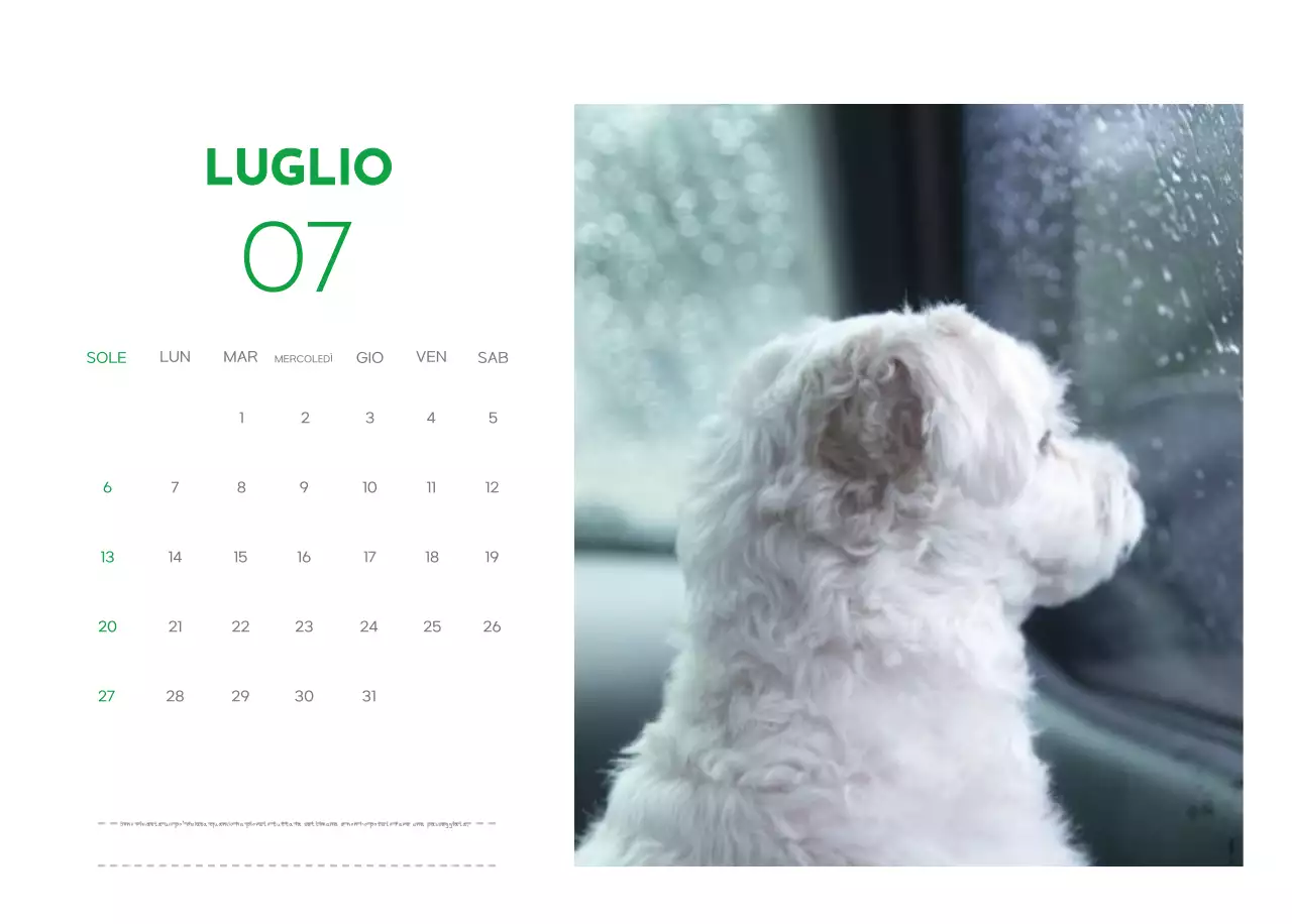 Un calendario con la foto di un cucciolo e un simpatico messaggio in colore verde.