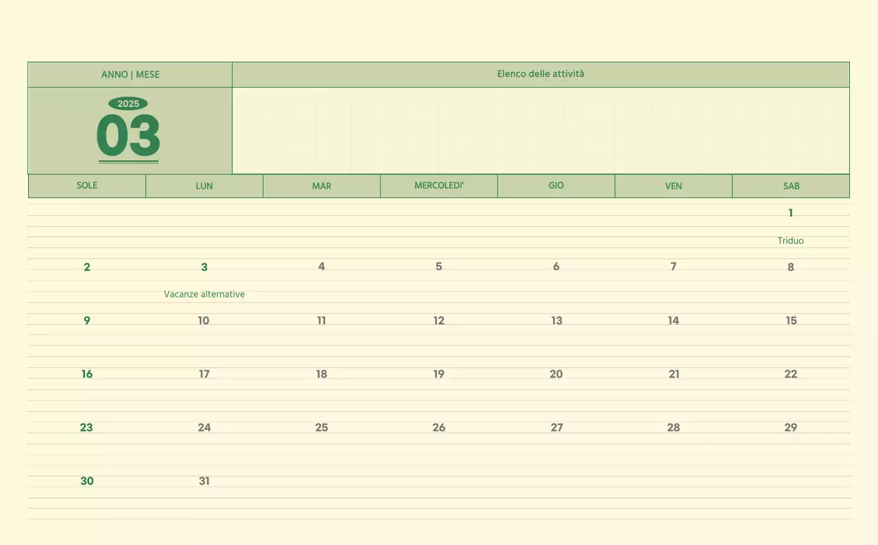 Calendario da parete SAT D-Day concept in verde e giallo chiaro