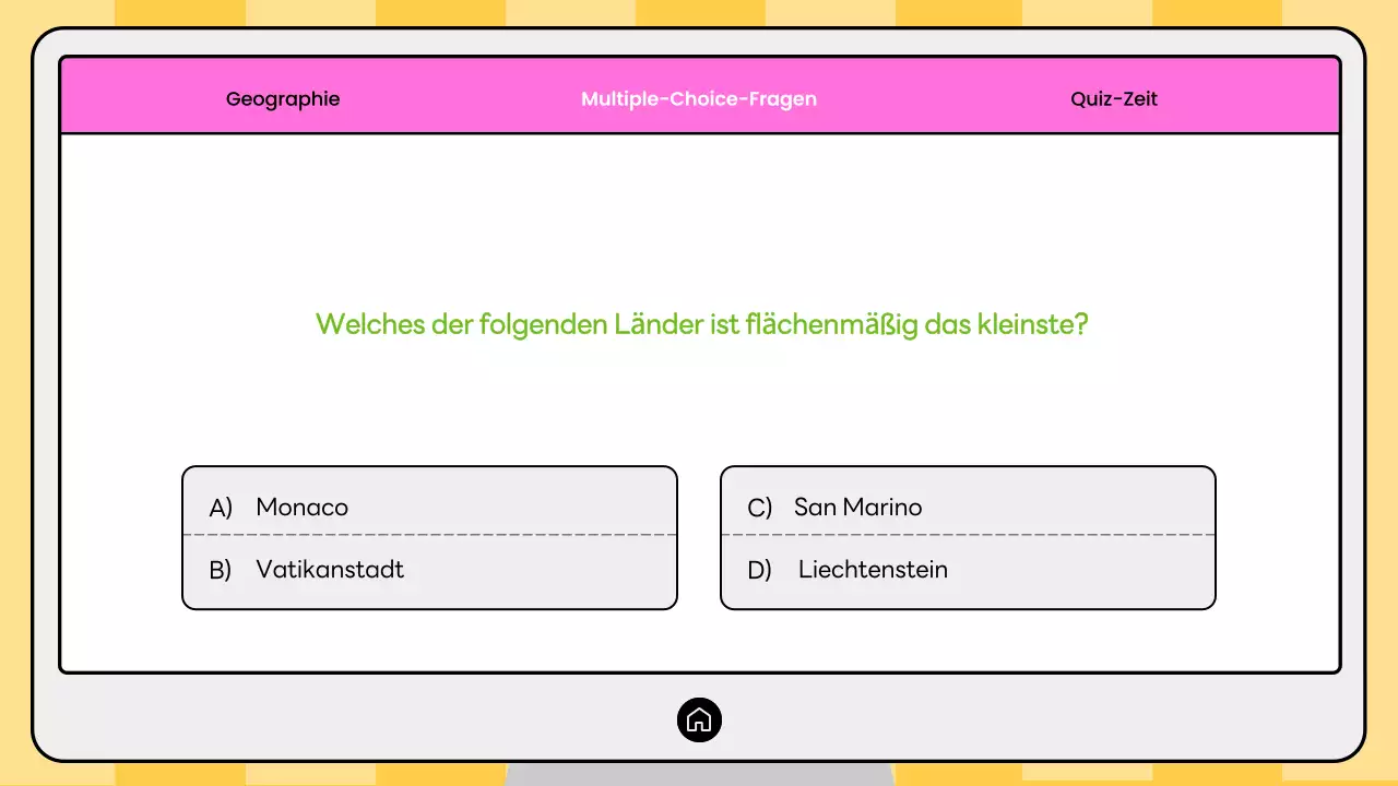 Rosa und gelbes Quiz zur modernen Geografie