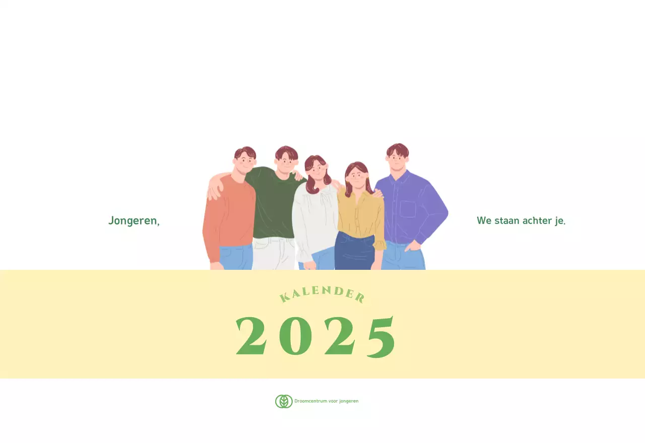 Kalender met jeugdillustraties op een geelgroene achtergrond