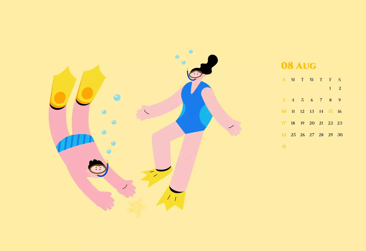 Kalender mit Jugendillustrationen auf gelb-grünem Hintergrund