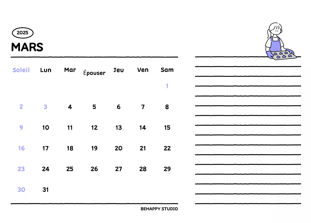 Calendrier illustré avec un joli style de lignes