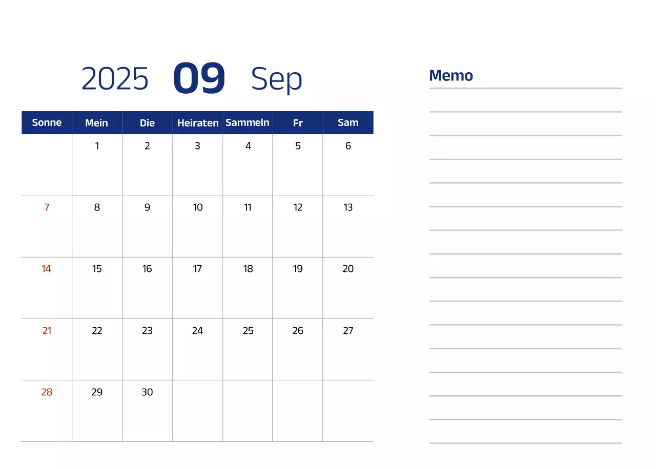 Einfacher Kalender mit blauen, klaren Illustrationen