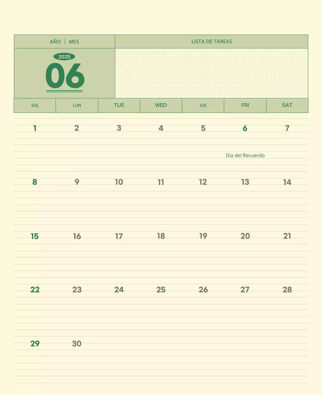 SAT Calendario de pared con concepto de bloc de notas del Día D en verde y amarillo claro