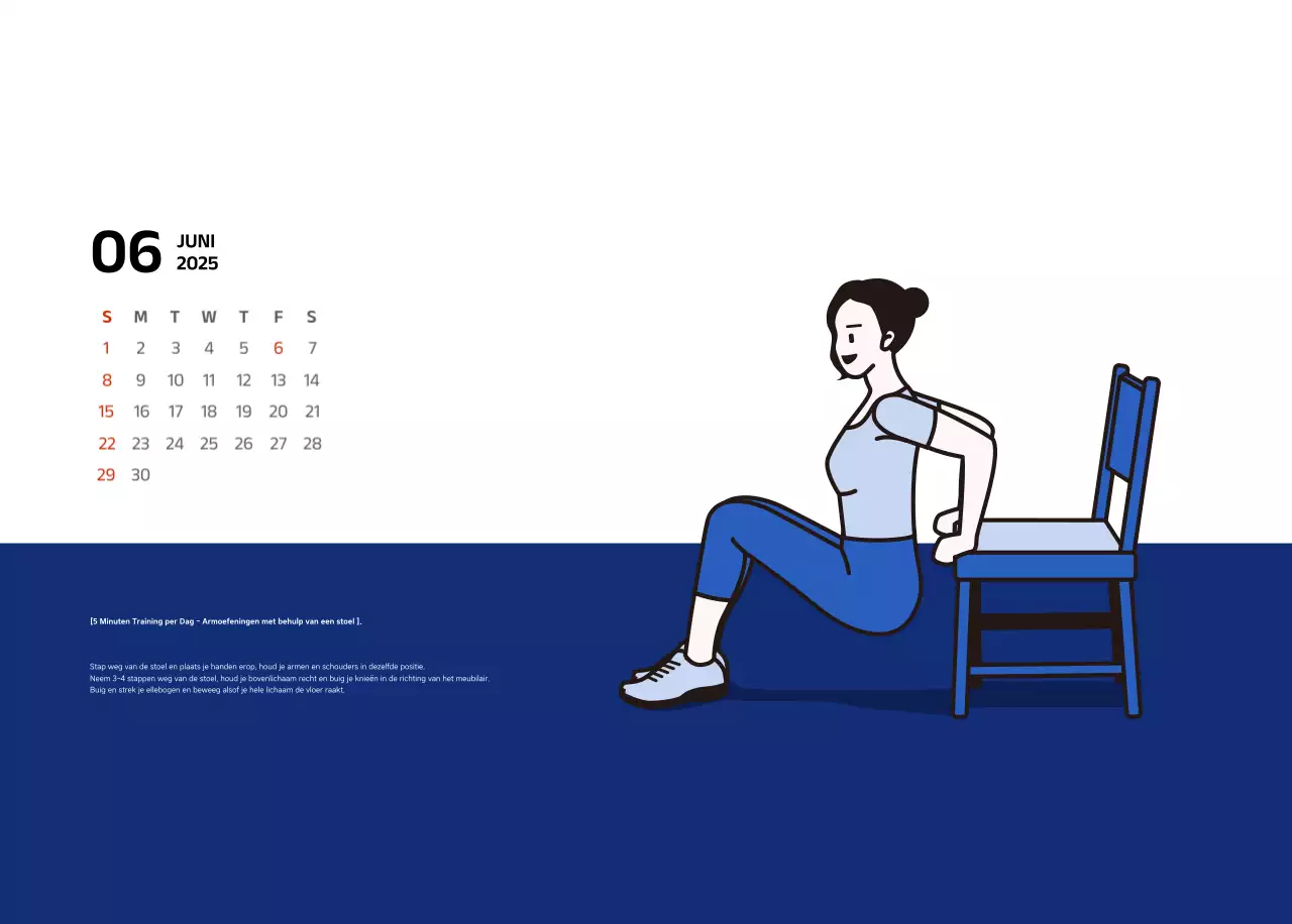 Eenvoudige kalender met blauwe, strakke illustraties