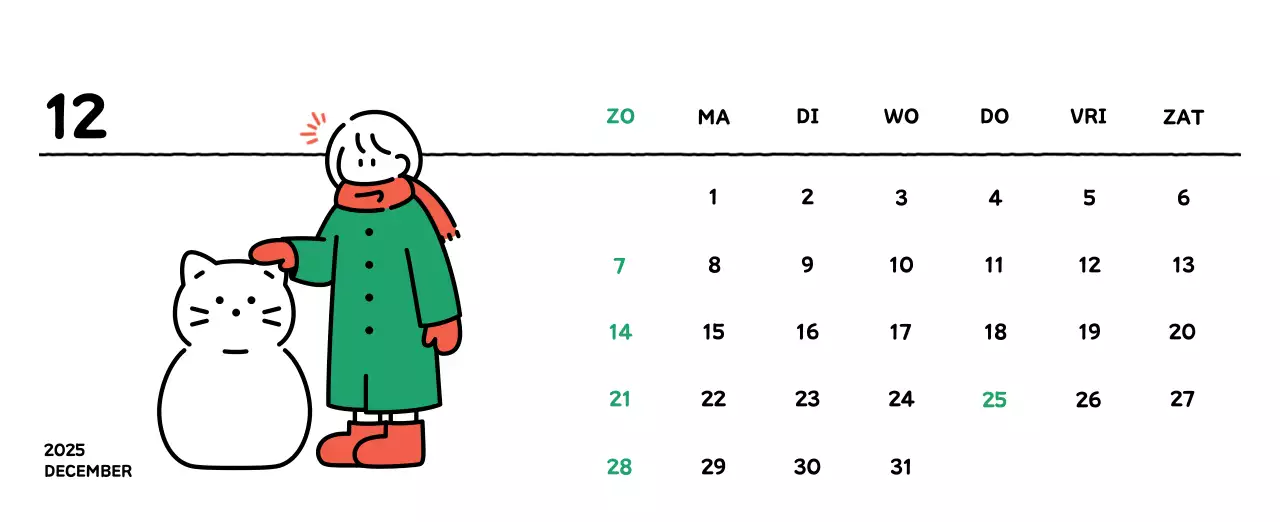 Geïllustreerde kalender met een mooie lijnstijl