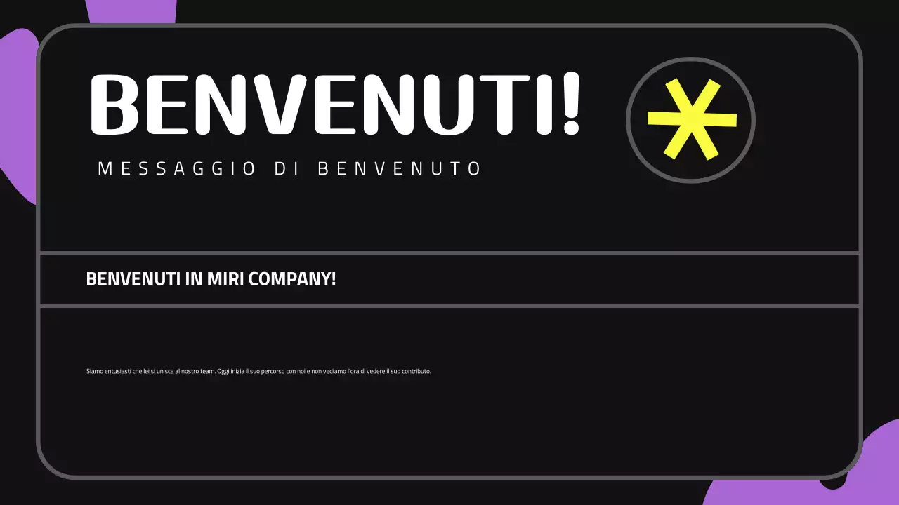 Presentazione dell'inserimento di un nuovo dipendente in un contesto nero, viola e carino