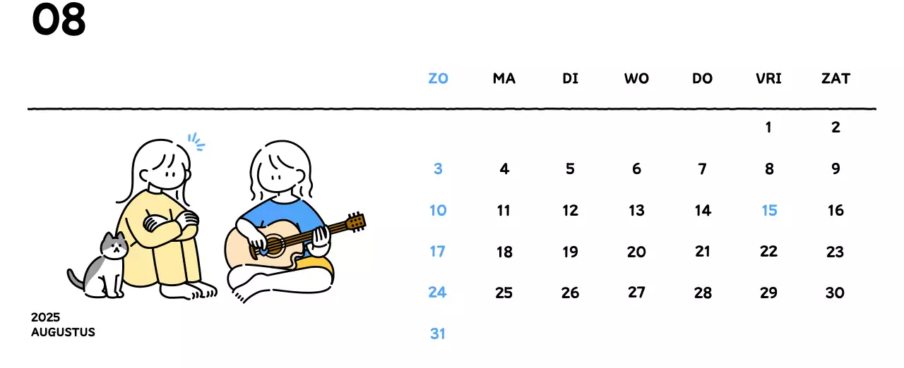 Geïllustreerde kalender met een mooie lijnstijl
