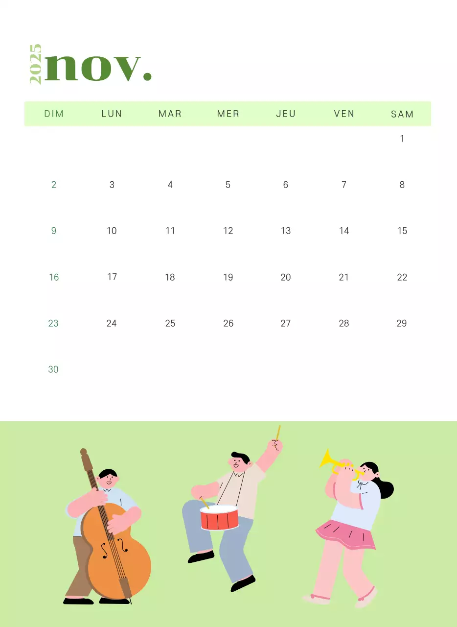 Calendrier avec illustrations de jeunes sur fond jaune-vert