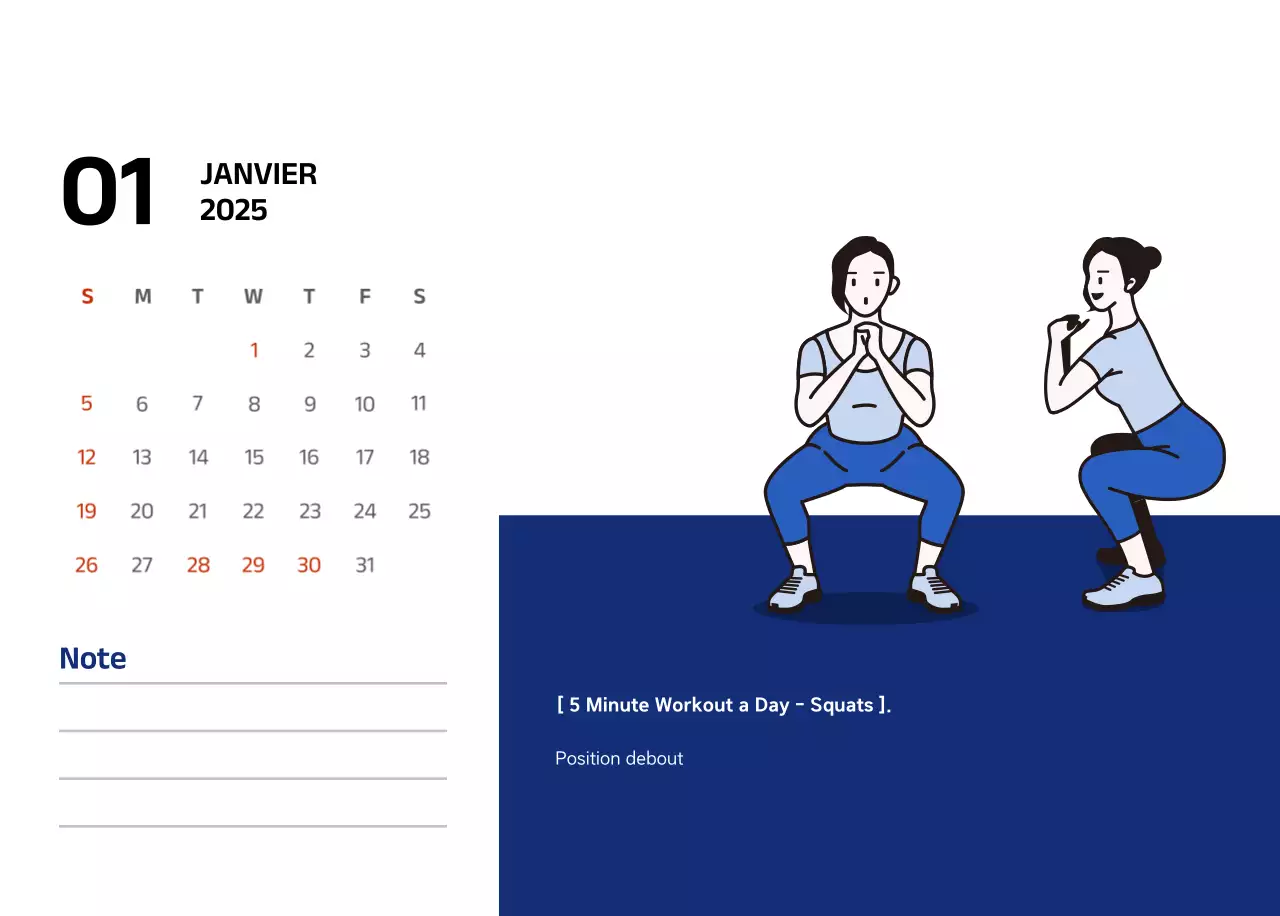 Calendrier simple avec des illustrations bleues et épurées