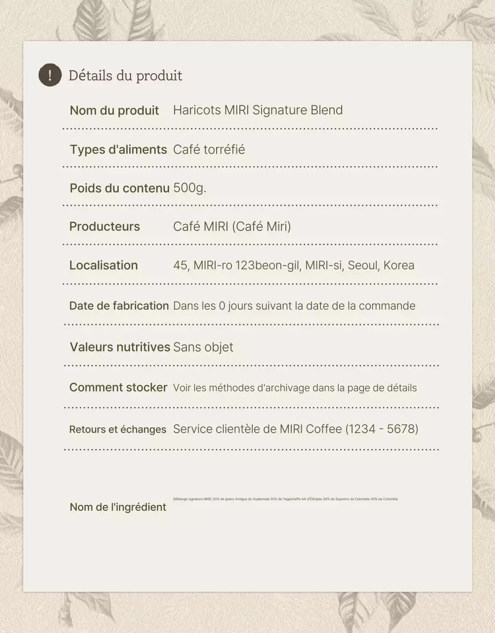 Grains de café vintage beige et marron page de détail