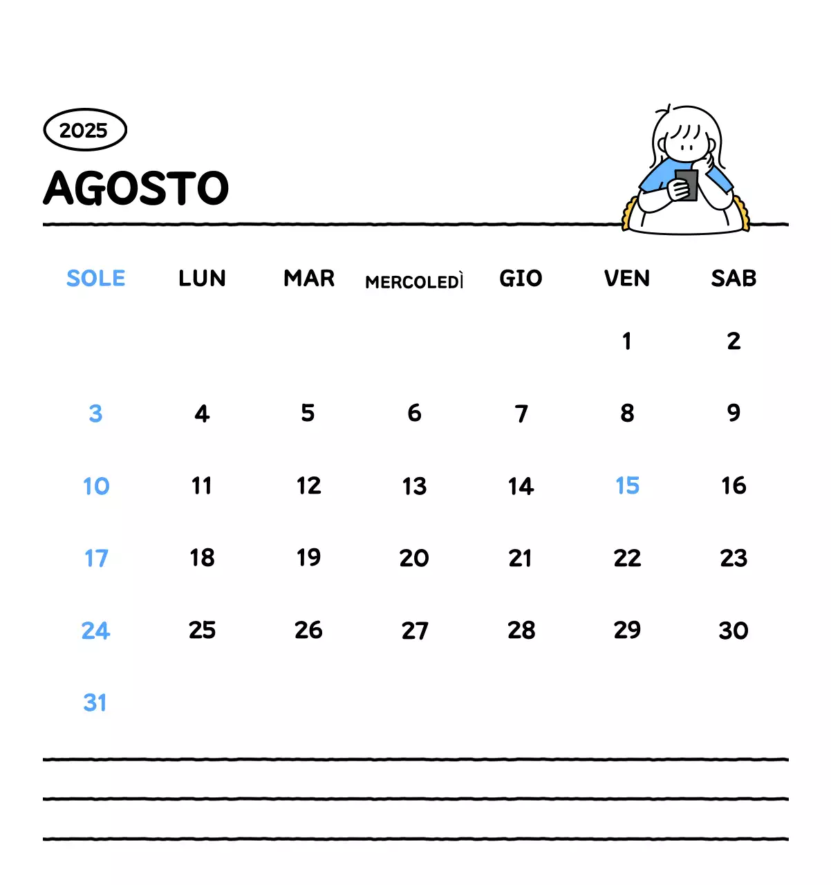 Calendario illustrato con un grazioso stile di linee