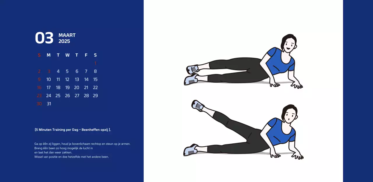 Eenvoudige kalender met blauwe, strakke illustraties