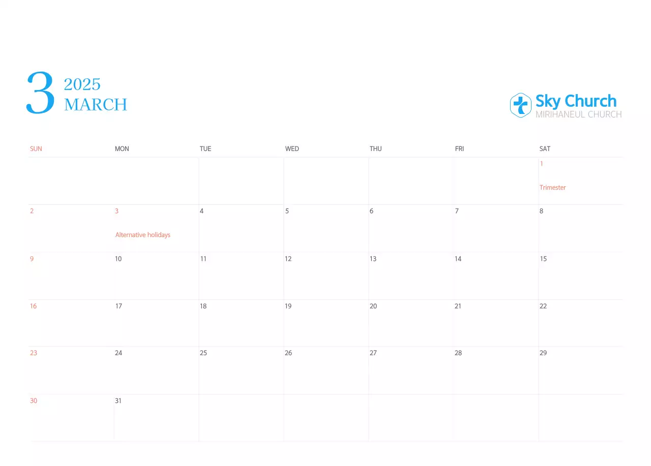 Blue modern concept church calendar