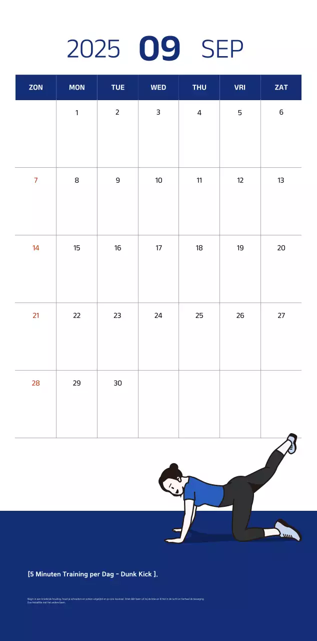 Eenvoudige kalender met blauwe, strakke illustraties