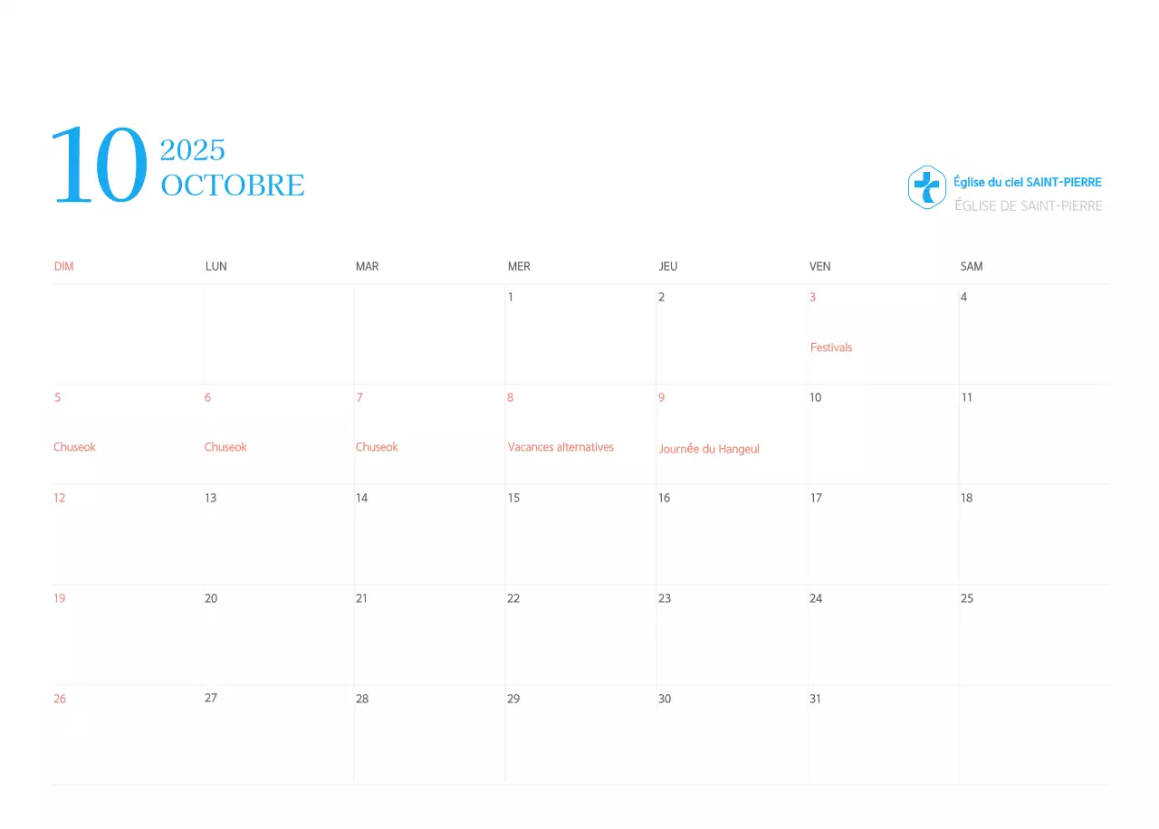 Calendrier d'église moderne bleu
