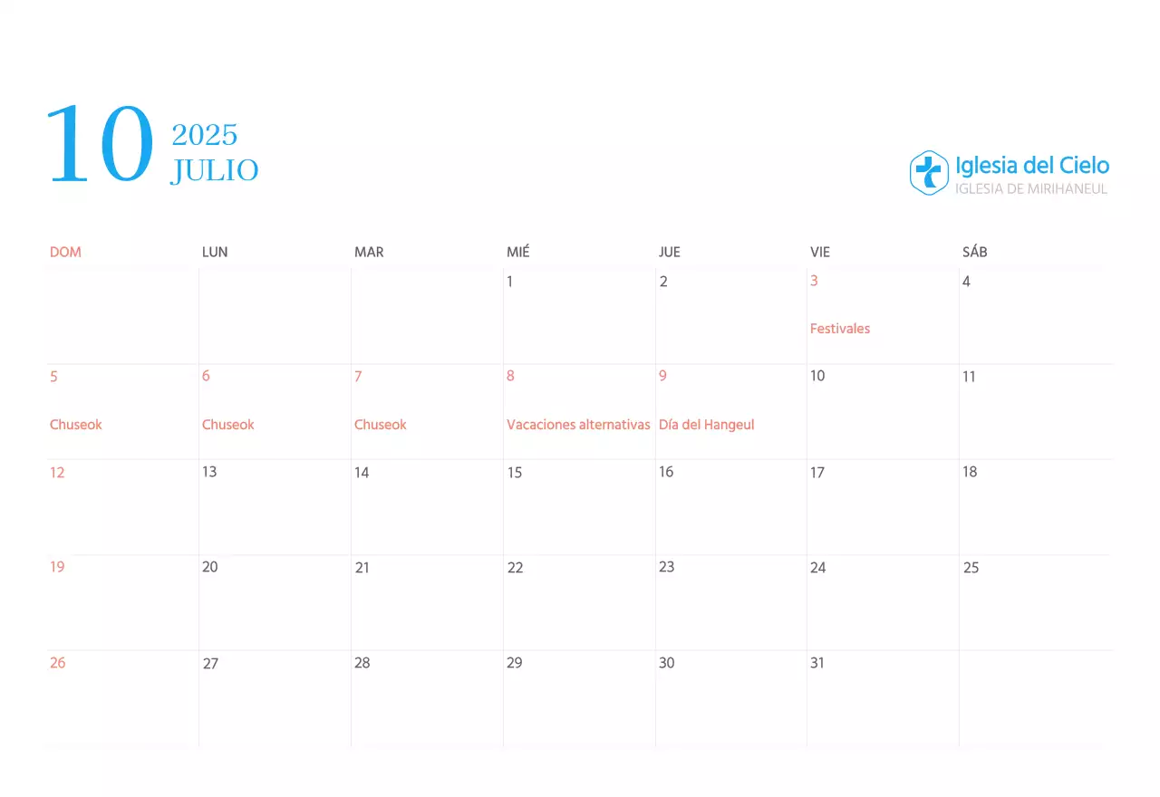 Calendario eclesiástico azul de concepto moderno