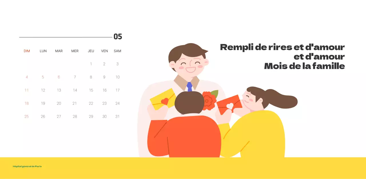 Un hôpital festif avec des illustrations sur le thème de la santé et de la famille et des accents colorés.