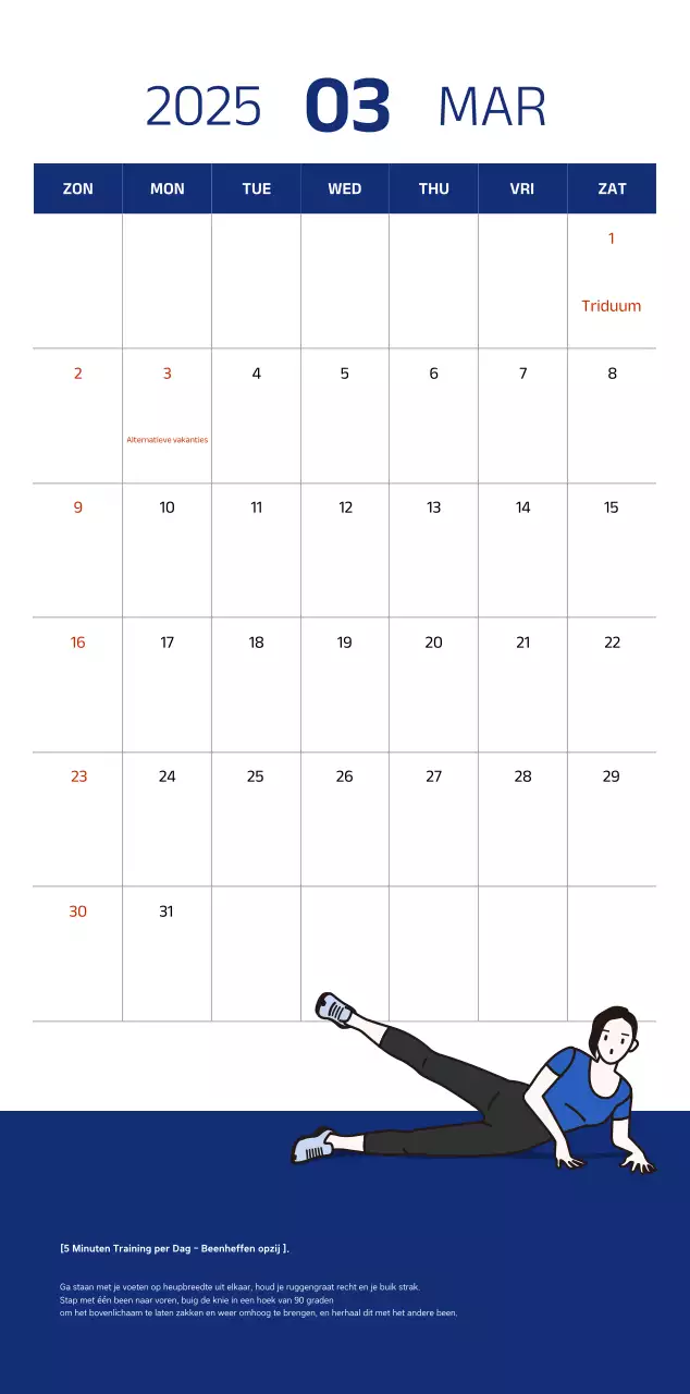 Eenvoudige kalender met blauwe, strakke illustraties