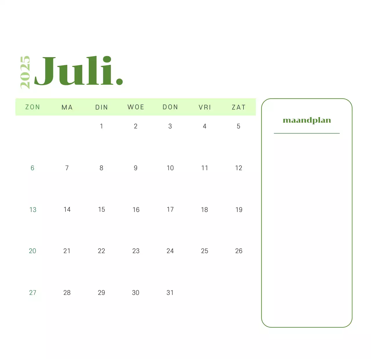 Kalender met jeugdillustraties op een geelgroene achtergrond