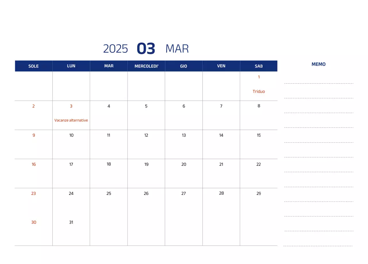 Calendario semplice con illustrazioni blu e pulite