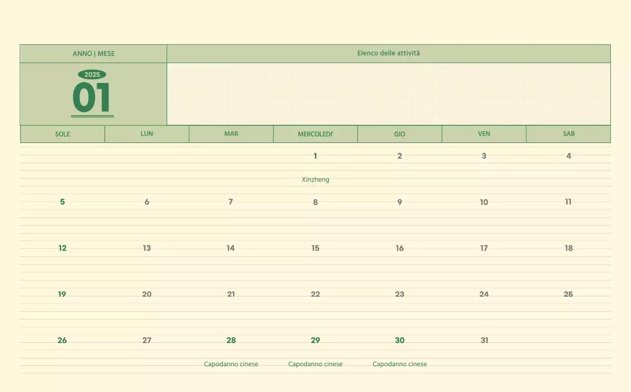 Calendario da parete SAT D-Day concept in verde e giallo chiaro