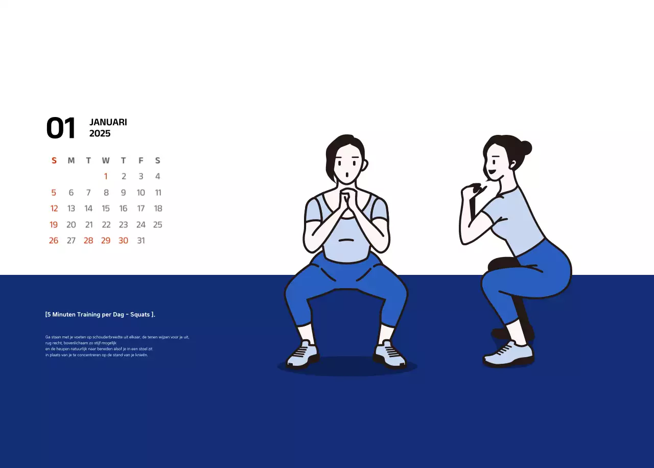 Eenvoudige kalender met blauwe, strakke illustraties