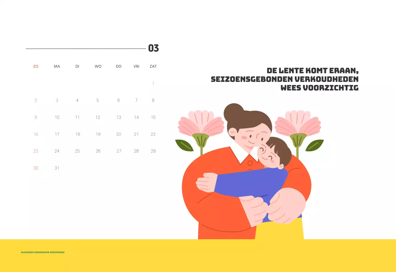 Een feestelijk ziekenhuis met illustraties met gezondheids- en gezinsthema's en kleurrijke accenten