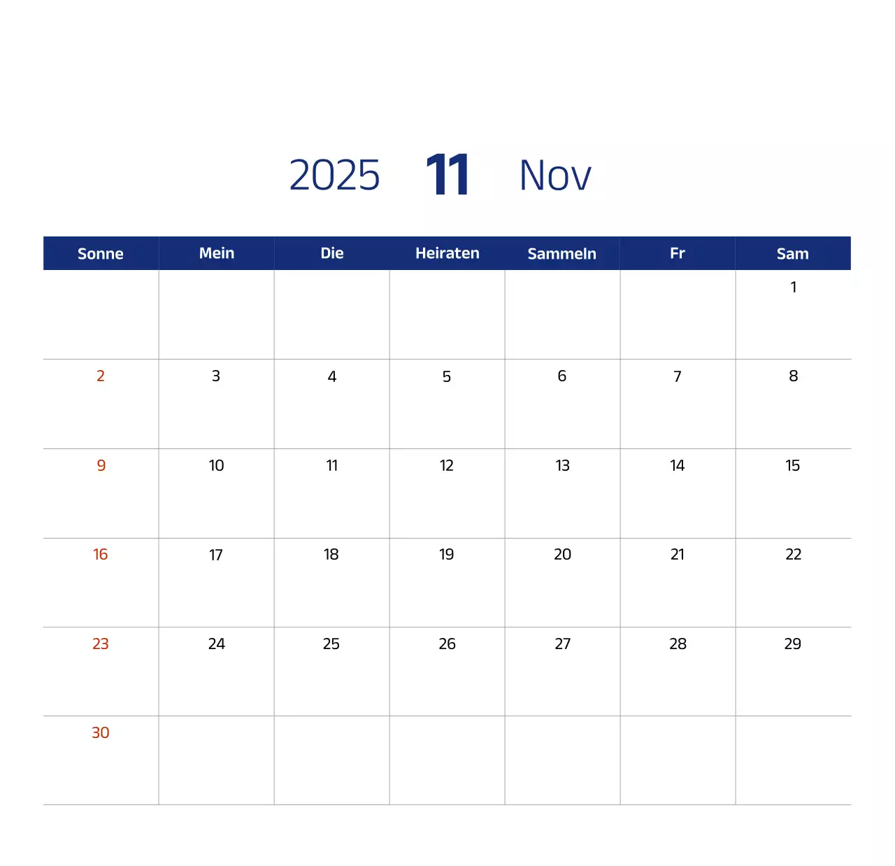 Einfacher Kalender mit blauen, klaren Illustrationen