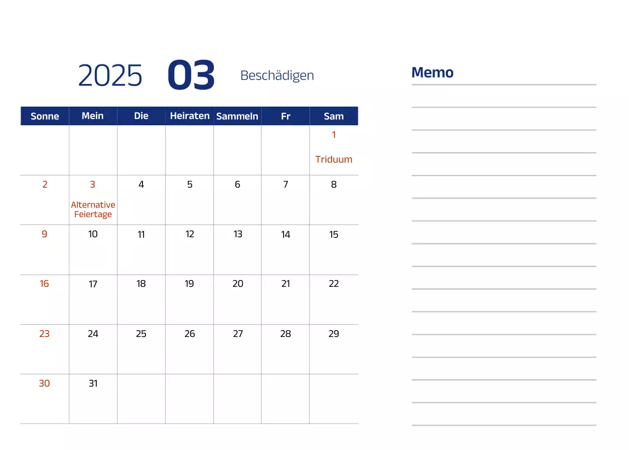Einfacher Kalender mit blauen, klaren Illustrationen