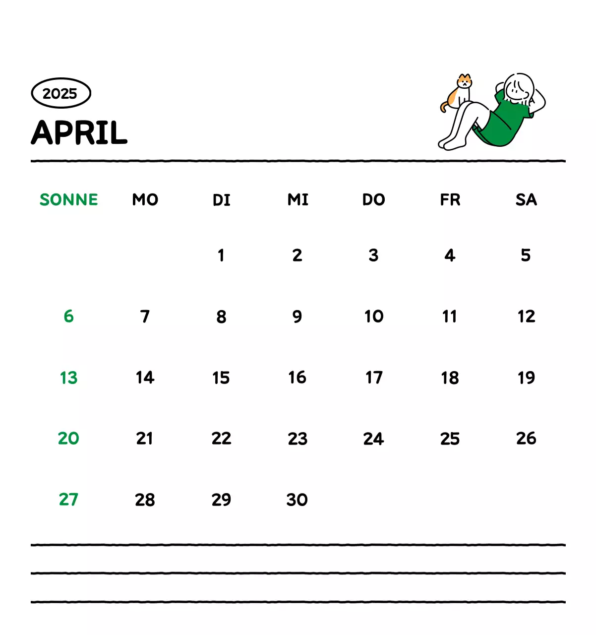 Illustrierter Kalender mit schönem Linienstil