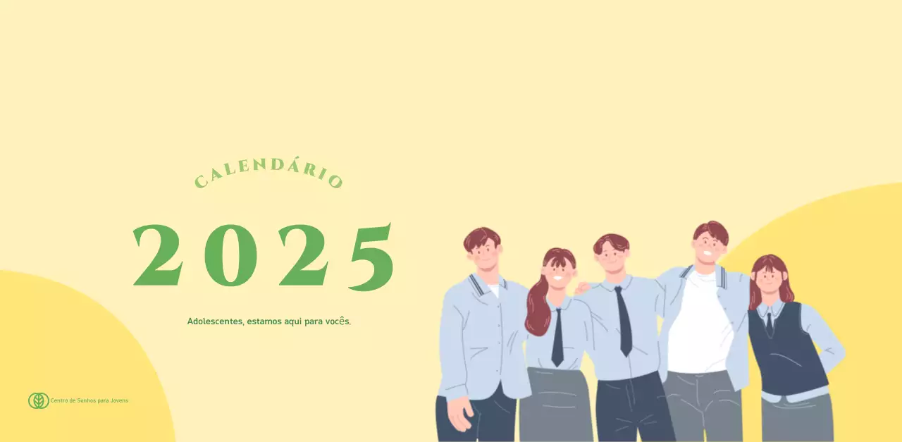 Calendário com ilustrações de jovens num fundo amarelo-verde