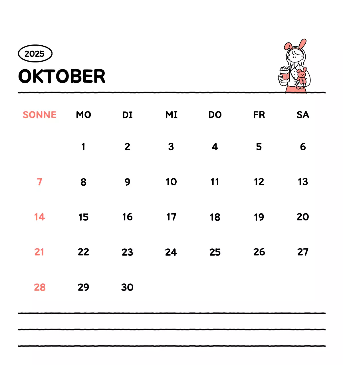 Illustrierter Kalender mit schönem Linienstil