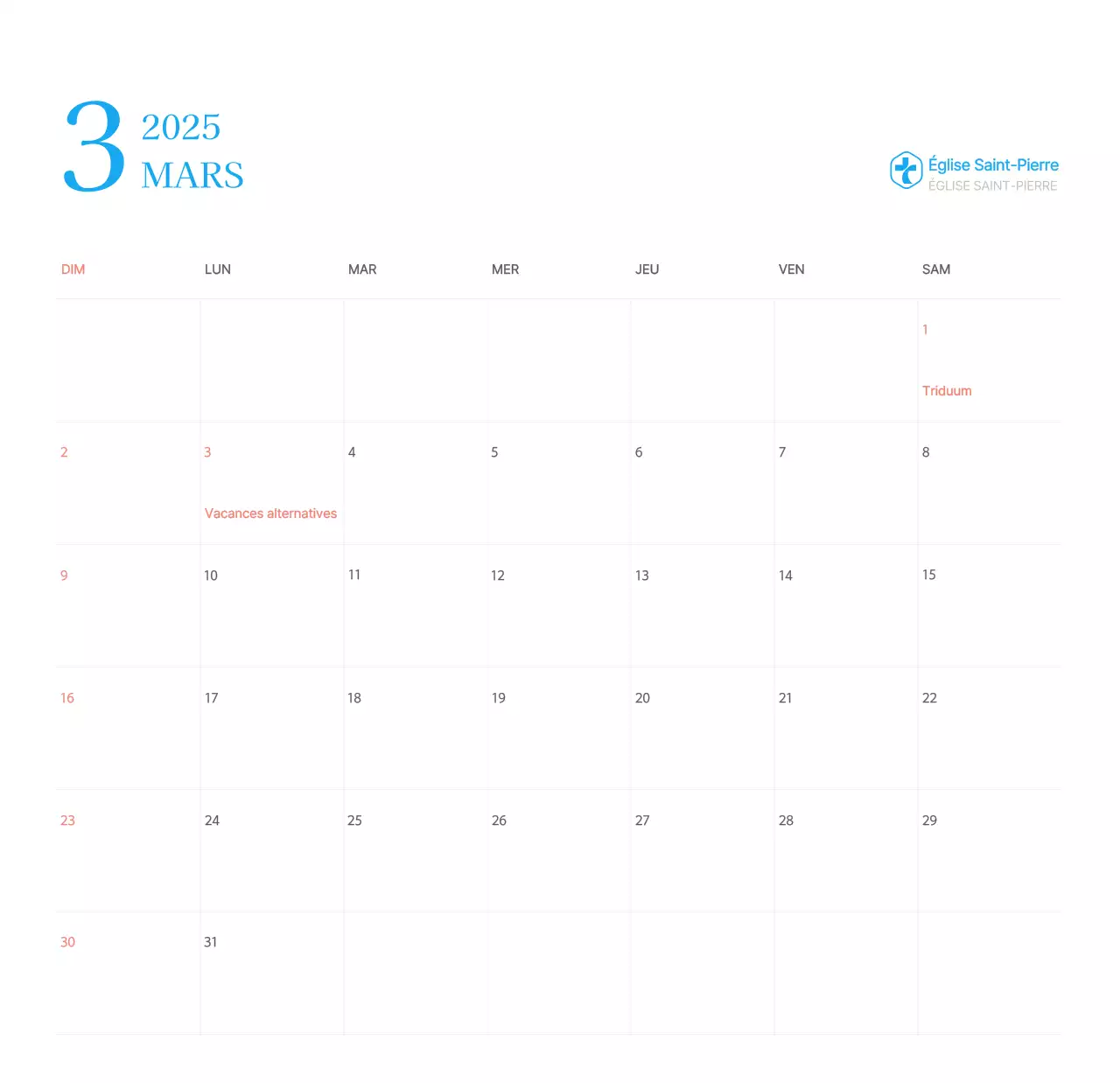 Calendrier d'église moderne bleu