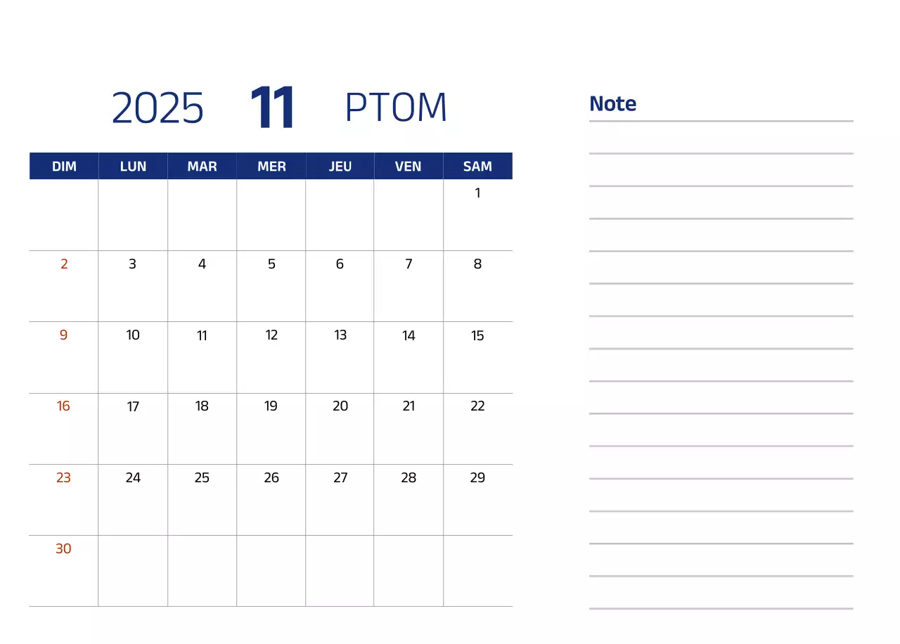 Calendrier simple avec des illustrations bleues et épurées