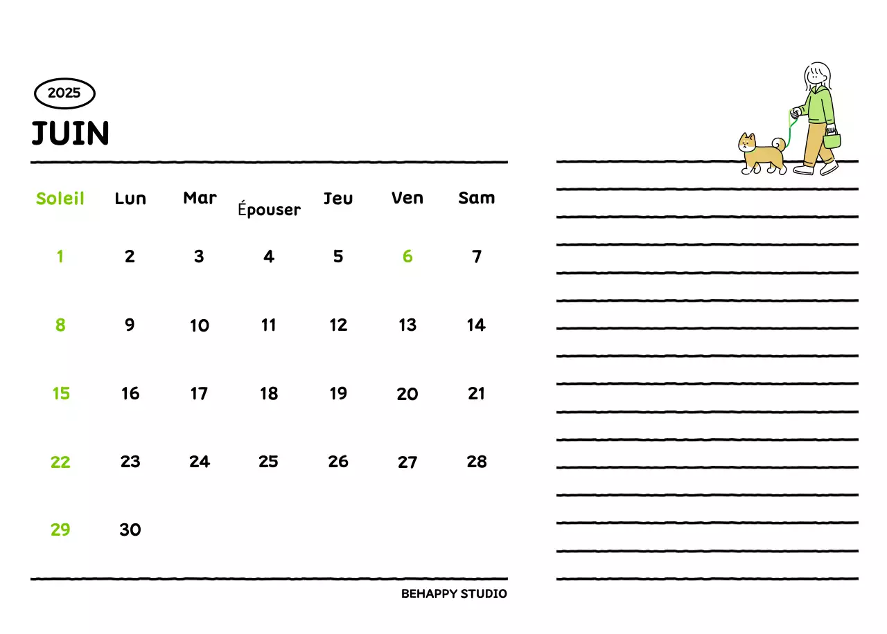 Calendrier illustré avec un joli style de lignes