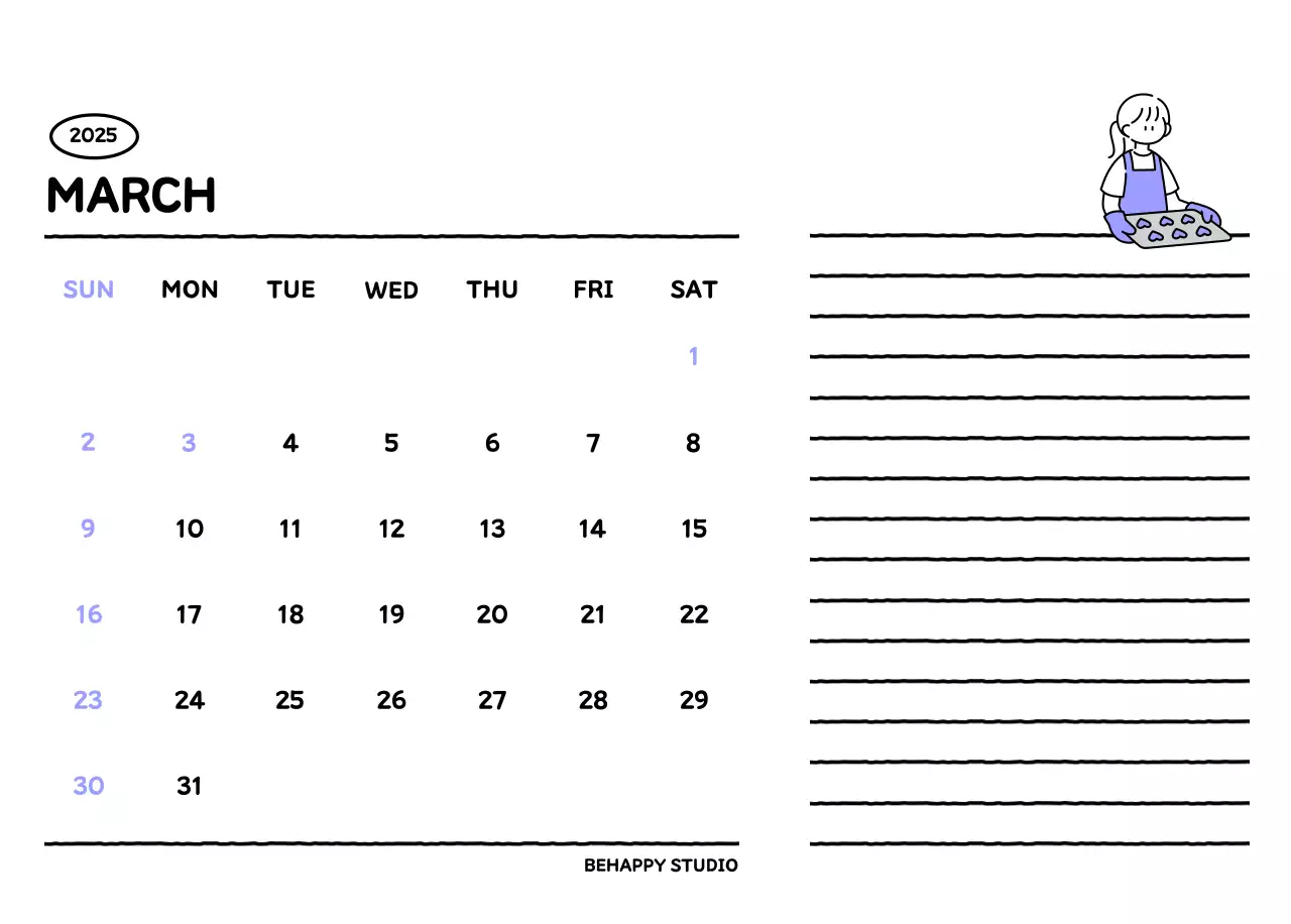 Illustrated calendar with a cute line style