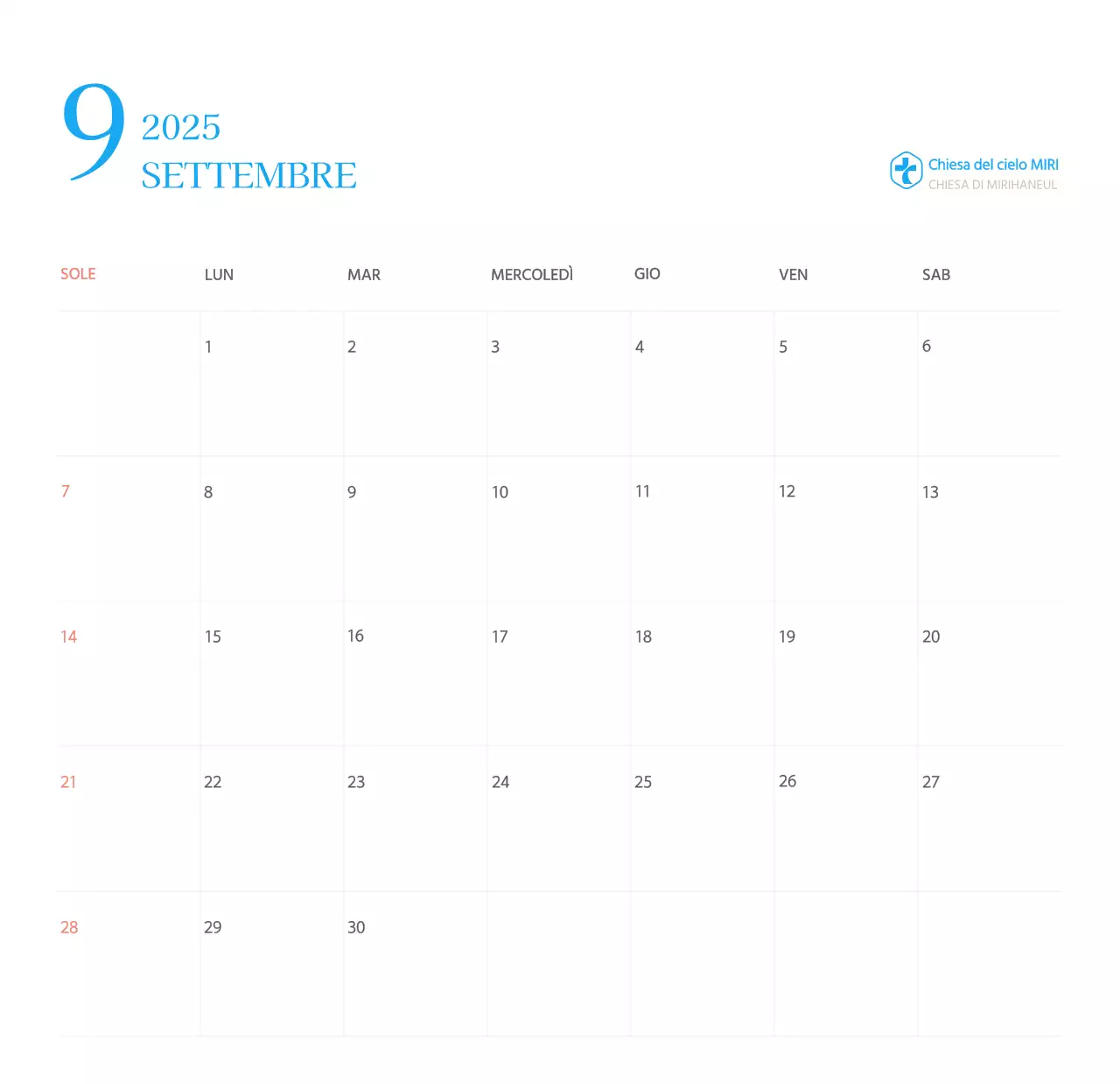 Calendario ecclesiastico blu di concezione moderna