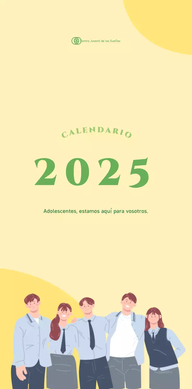 Calendario con ilustraciones juveniles sobre fondo amarillo verdoso