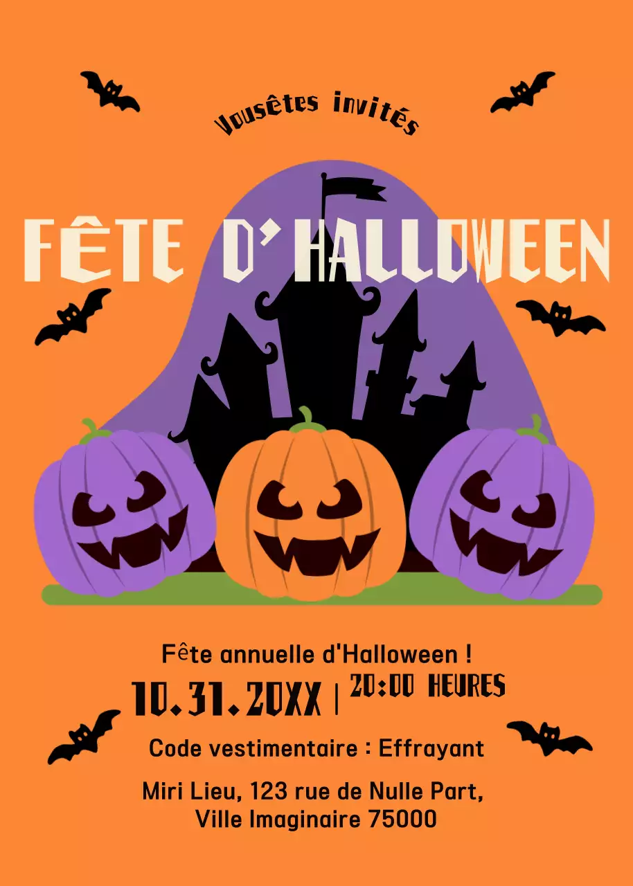 Invitation à la fête d'Halloween en noir, orange et violet