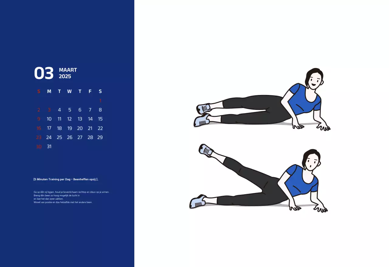 Eenvoudige kalender met blauwe, strakke illustraties